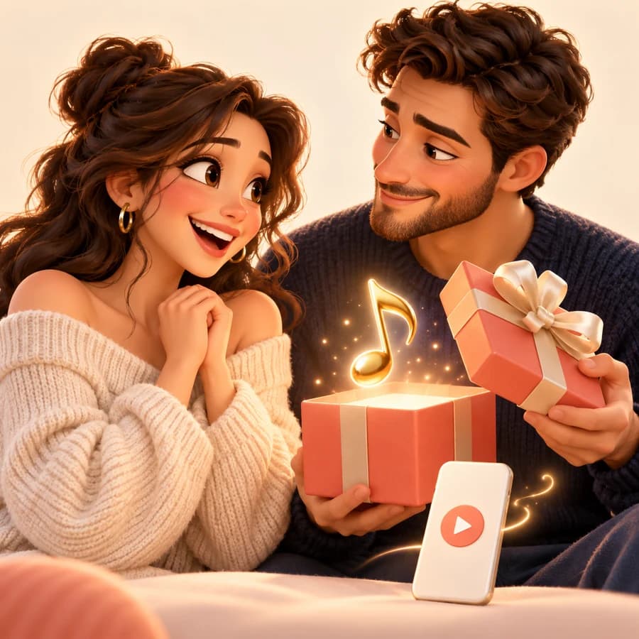 Una pareja entrega un regalo musical: ilustración 3D